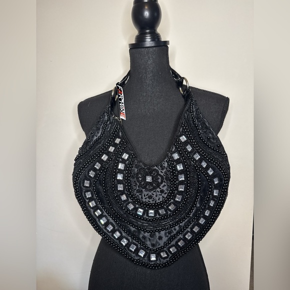 Handbags - Y2K FAR NINE Black Beaded Mirror Shoulder Bag Vintage Boho Hobo Purse